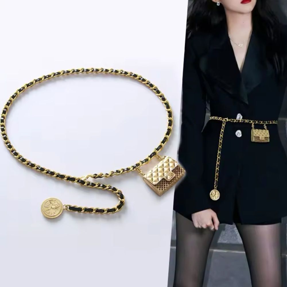Anthro Black Gold Chain Belt With Designer Mini Charm Bag